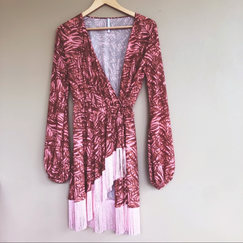 • Alcoolique • Fringe Wrap Mini Dress Brown Pink S